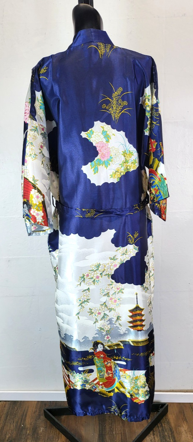 VTG Silver Dragon De Oriental Classic Blue Kimono Robe Geisha Womens XXL