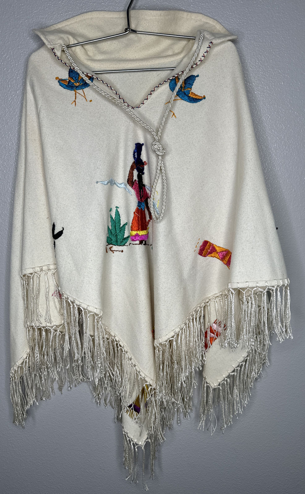 VTG 40s 50s Mexican Embroidered & Fringed Poncho Cape Wool Felt Purchased Mexico