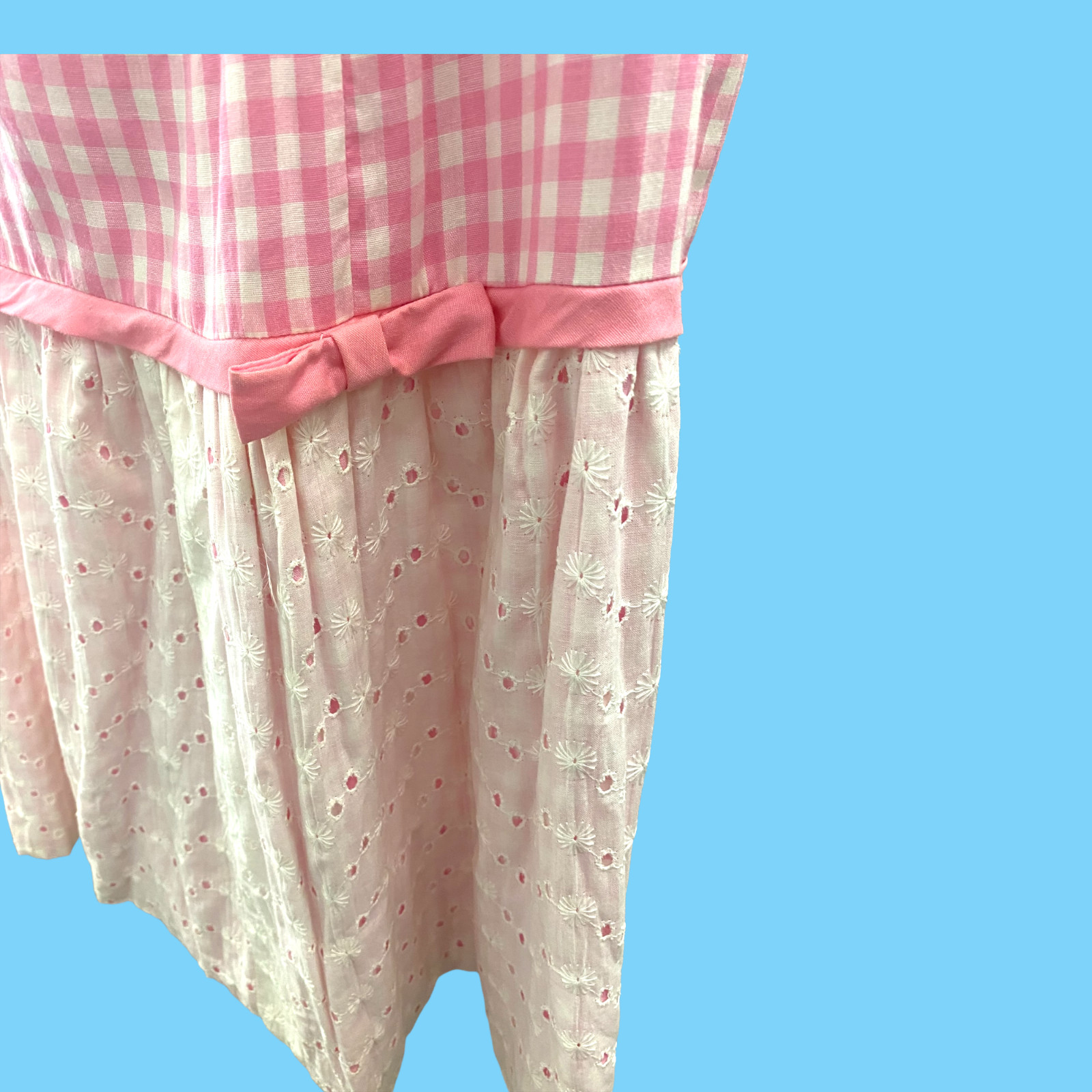 Vintage Pink Gingham Check Drop Waist Dress W/ White Cotton Eyelet Skirt M