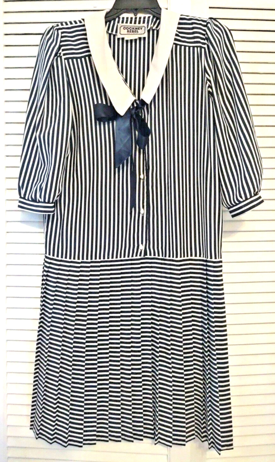 VTG Cockney Rebel Midi Navy/White stripe DRESS sz.14 UK made In England