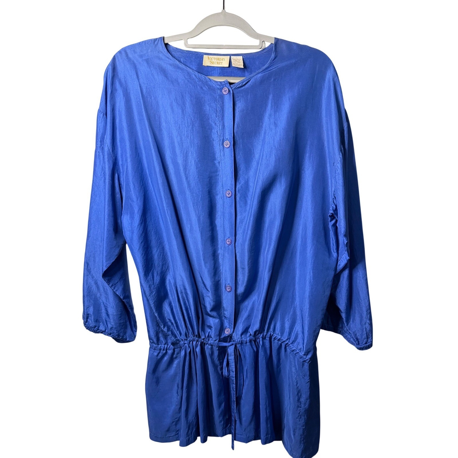 VTG Victoria&rsquo;s Secret Silk Blouse Women Large Blue Drawstring Waist Button Top