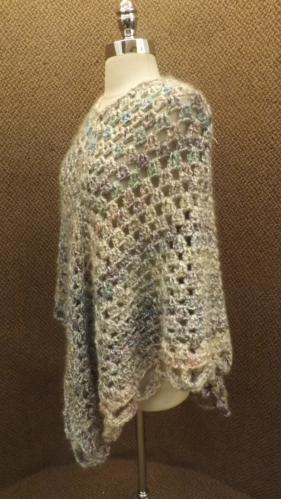 UNUSED Vtg Hand Crocheted Open Work Cape Blended Colors Purple Blue Gray White