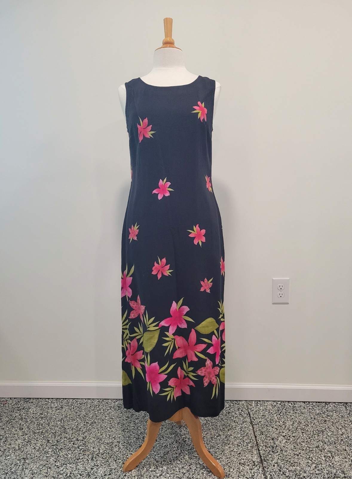 Vintage Maxi Column Dress Black Multicolor Floral Summer Early 1970s L