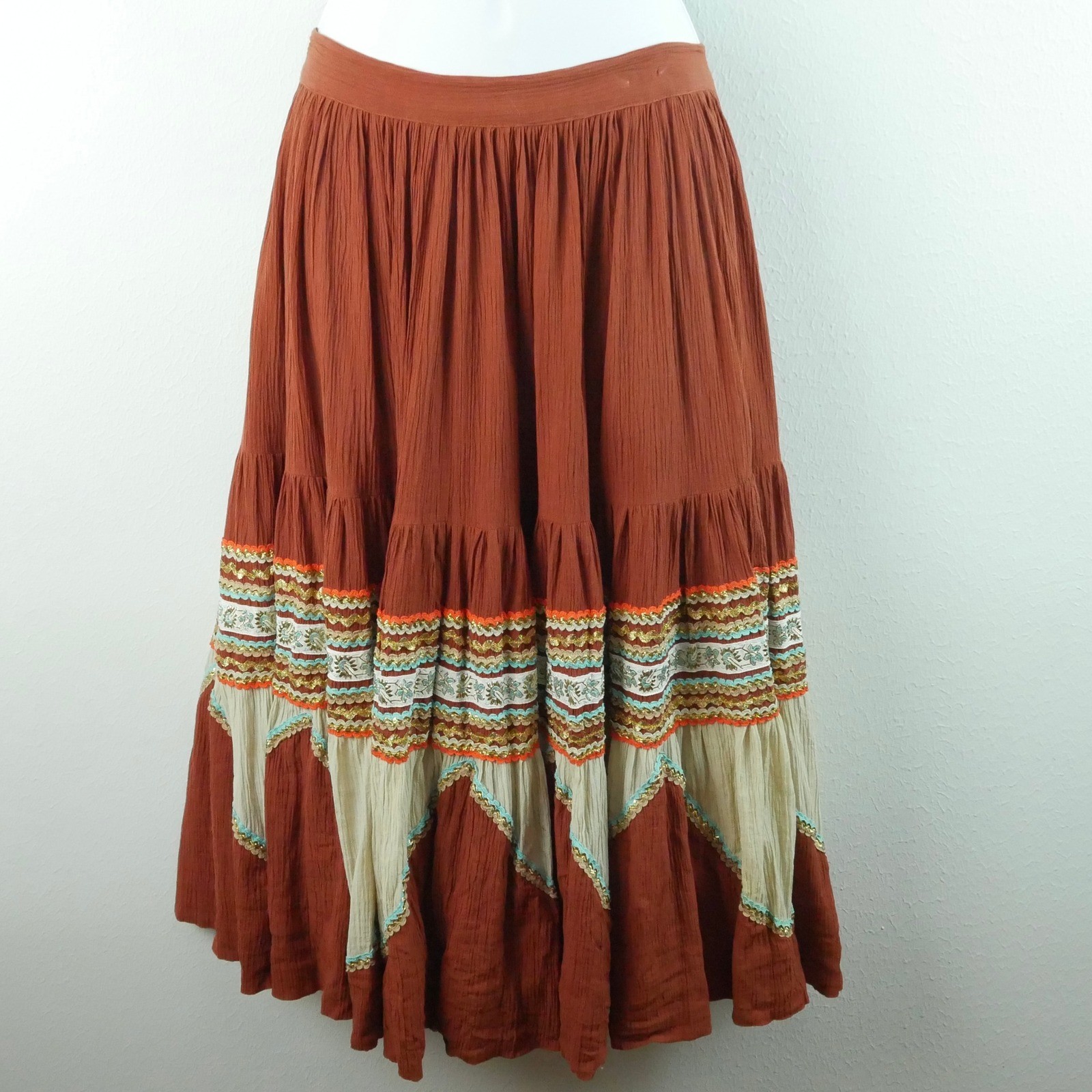 Vintage 70s Boho Crinkle Gauze Tiered Midi Skirt Rickrack Western Patio Small