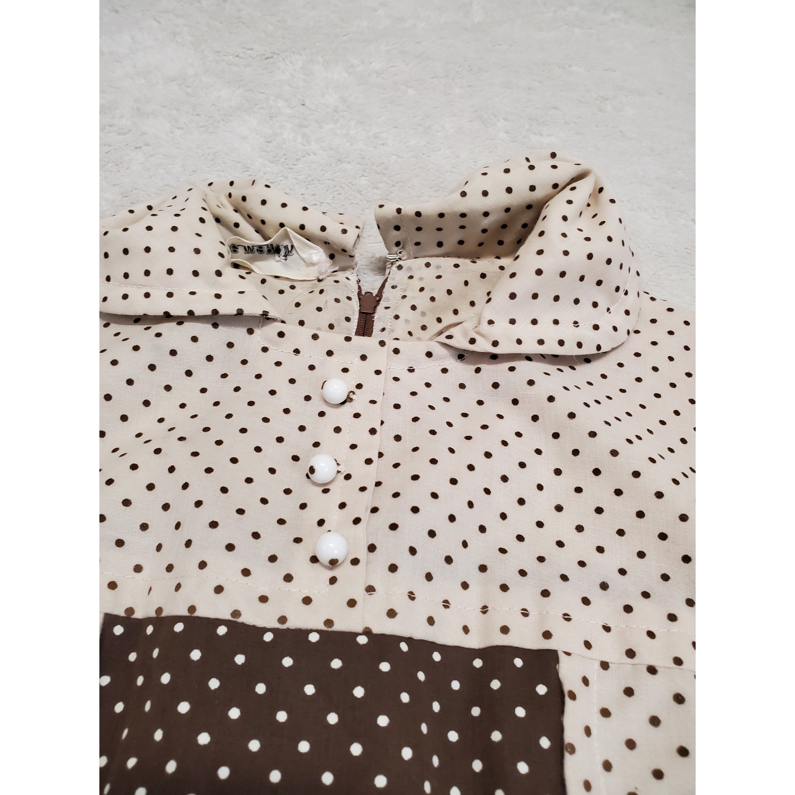 Vintage Adele Marcin Brown Cream Polka Dot Midi Dress XS Boho Chic Retro Cottage