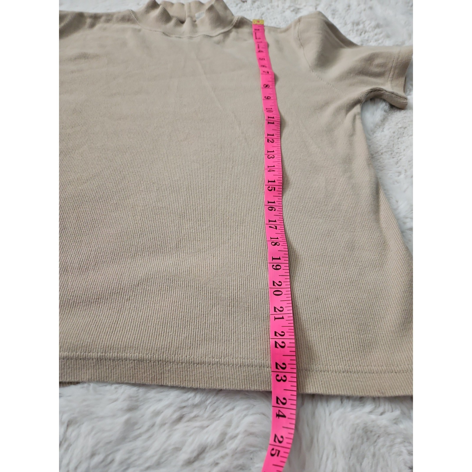 Vintage 90s Basic Editions Ribbed Mock Neck Short Sleeve Top L Tan