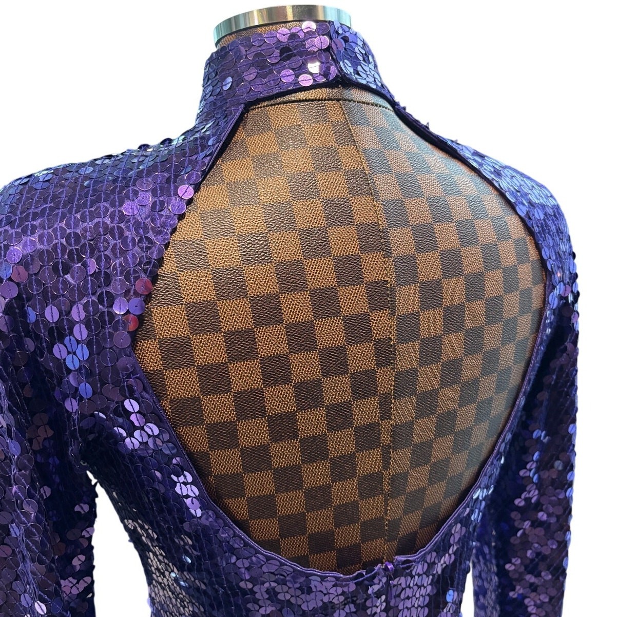 Vtg 90s Purple Sequin Open Back Mock Neck Cocktail Dress Size 10 Disco Glam Luxe