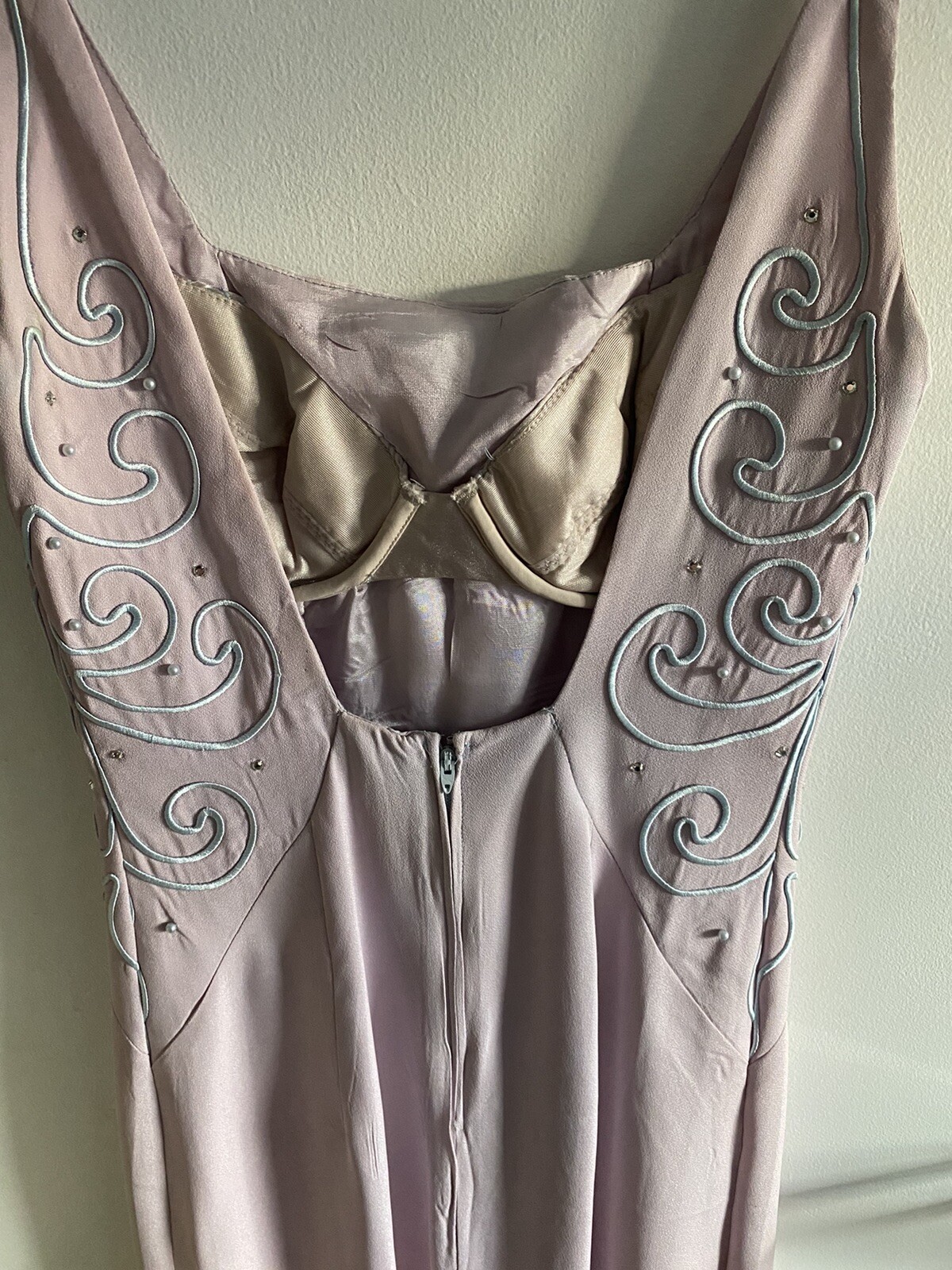 VTG Handmade Column Dress Lavender Built In Strapless Bra Rhinestone Detail S