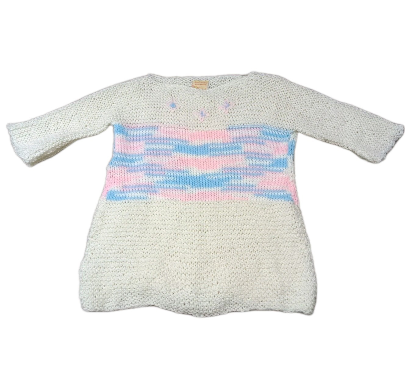 Rare Vintage 1980s Anna Petrush Hand Knit Sweater Ivory Pink Blue Women&rsquo;s Knit