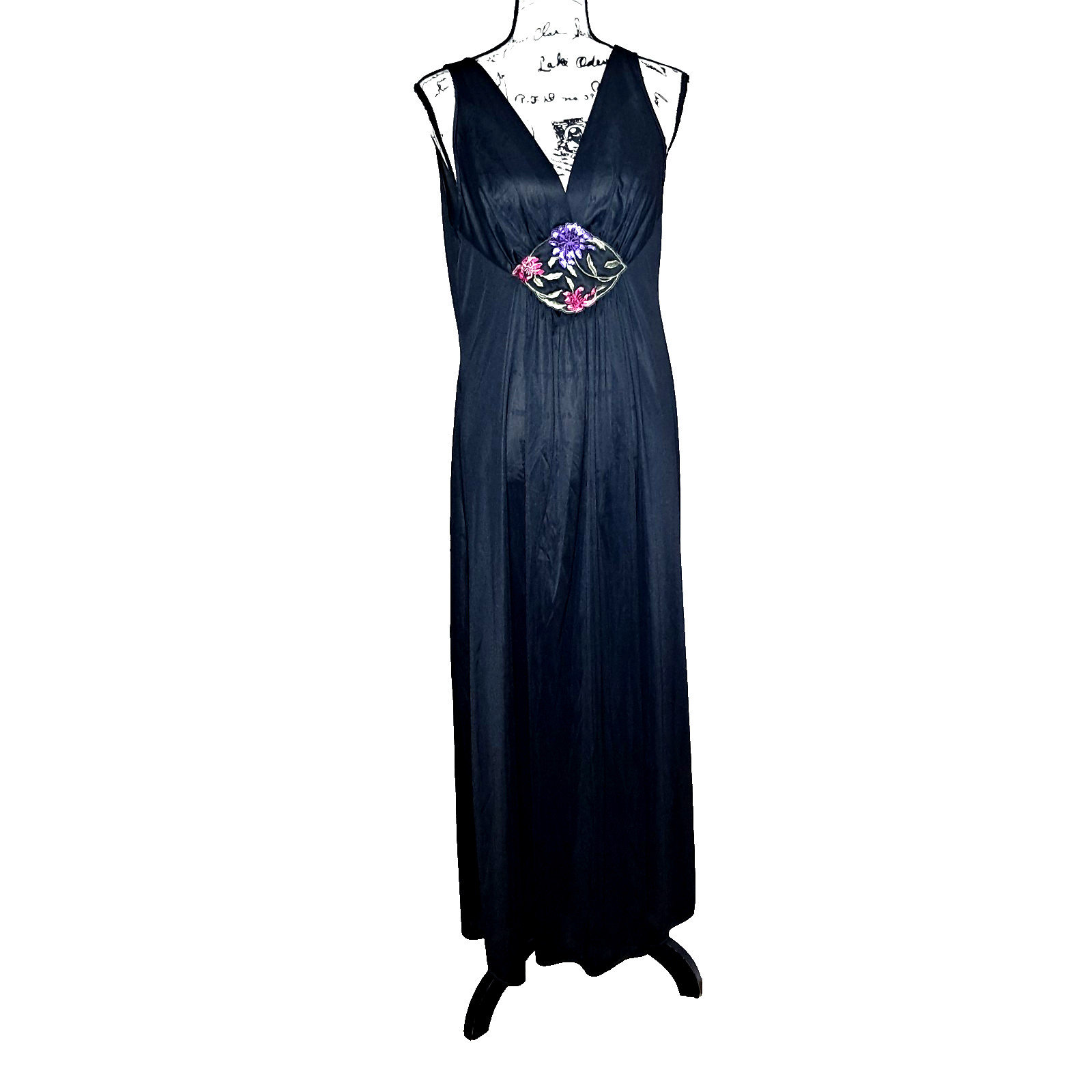 Vtg Vanity Fair Embroidered Empire Waist Tricot Maxi Nightgown Sz L Black Goth