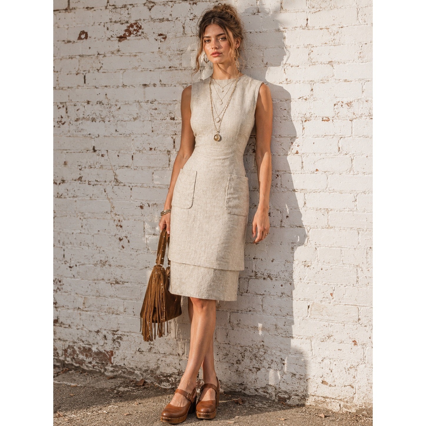 Vintage 1950s Junior Sophisticates Oatmeal Linen Sheath Dress Button Back Set S