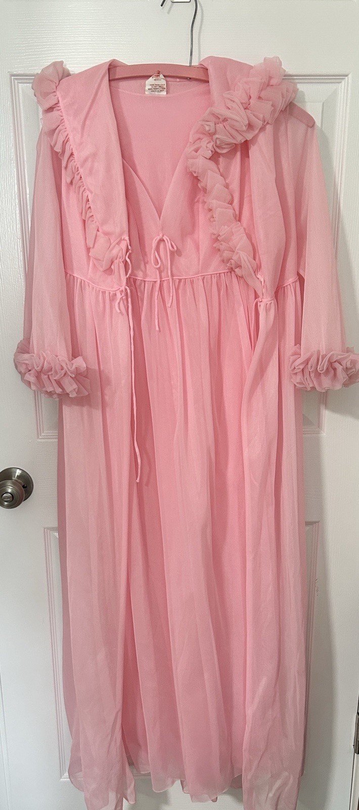 Vtg Union Made Nightgown And Pink Ruffle Robe Cover Lingerie Glamour Barbie Sz S
