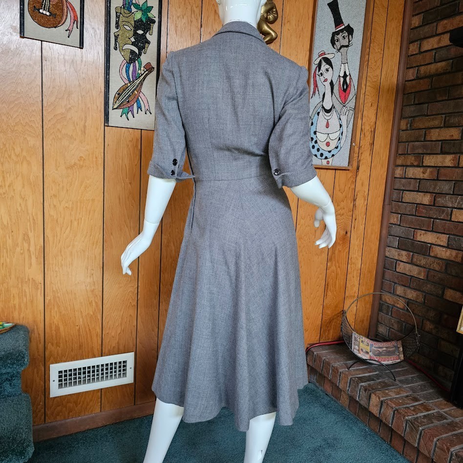 Vtg 40s 50s Wing Cuff Gray Wool Full Skirt Victory Suit Carlye Coat Dress XS/S