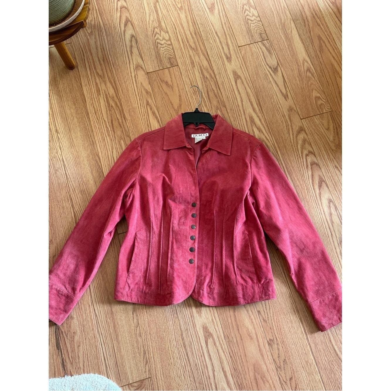 Vintage A.M.I. Pink Suede Leather Jacket Size L Pleated Corset Waist