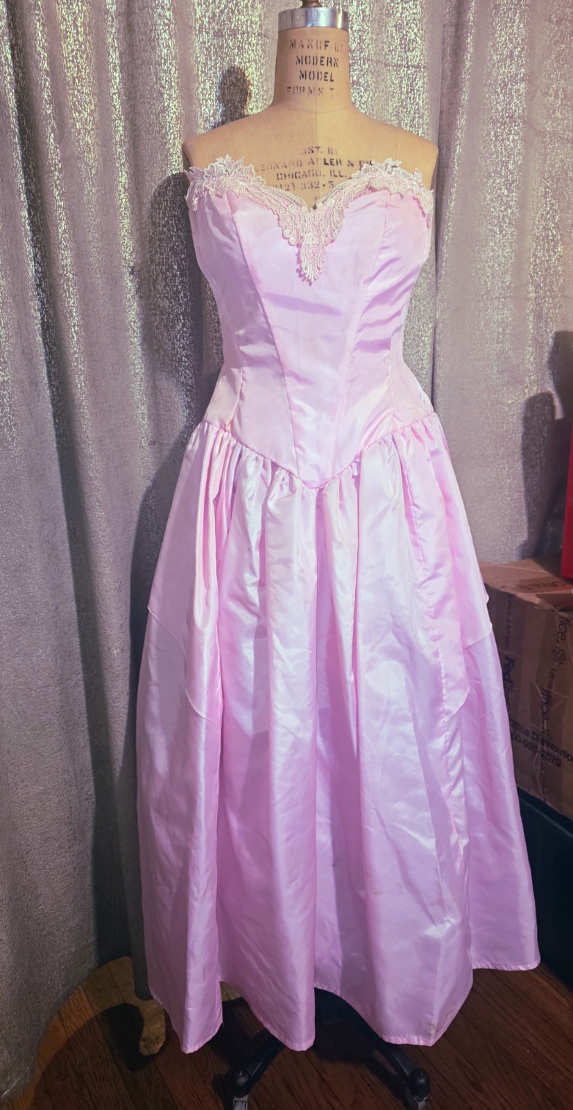 Vintage 80&rsquo;s Peony Princess Pink Strapless Taffeta & Lace Dress 4 Sm