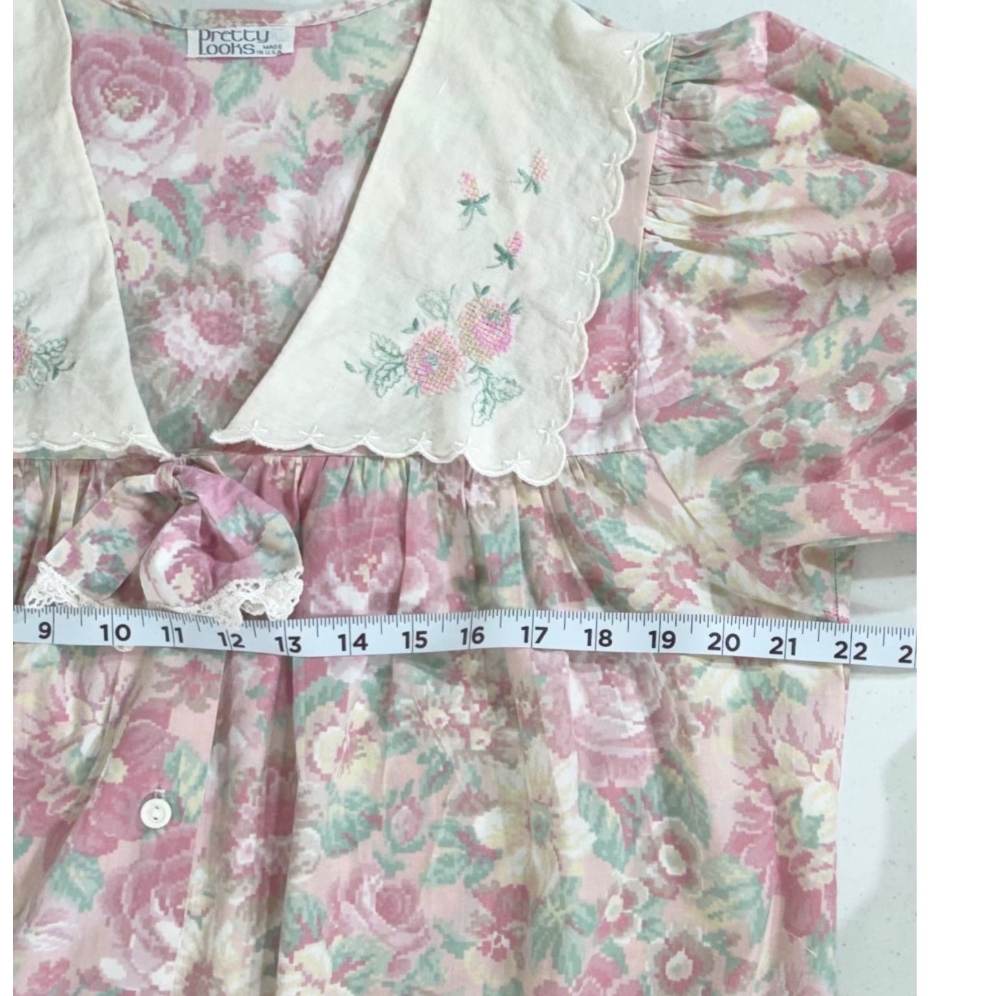 Pretty Looks Nightgown Large Pink Florali Embroidered Collar Vintage USA Cottage
