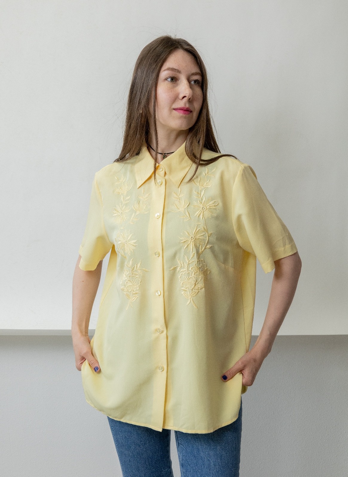 Vintage 90s Butter Yellow Embroidered Blouse Tonal Floral Cottagecore Coquette L