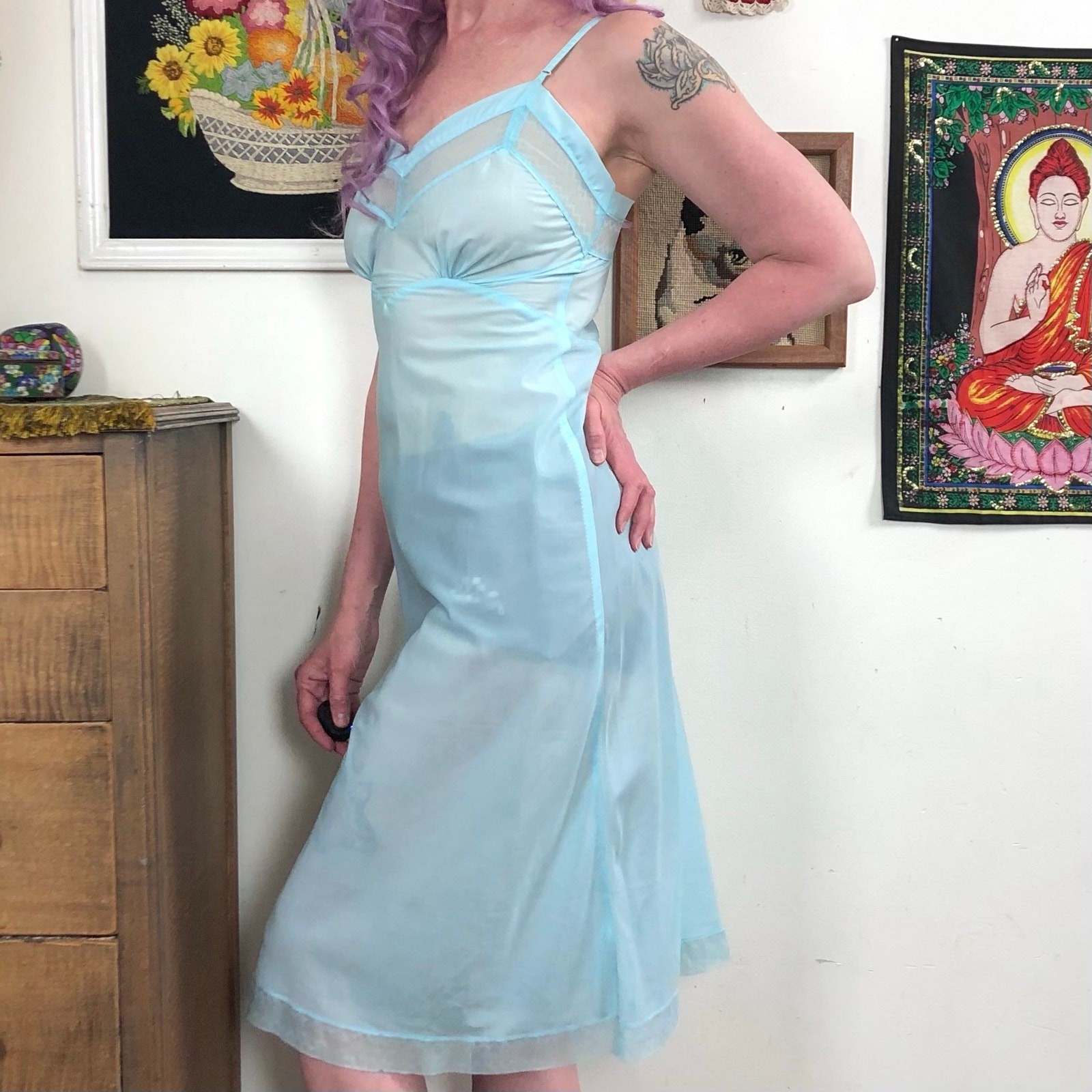 Vintage Aqua Taffeta Slip, 1940s Hand Dyed Swishy Nylon Slip Dress, Sz XS