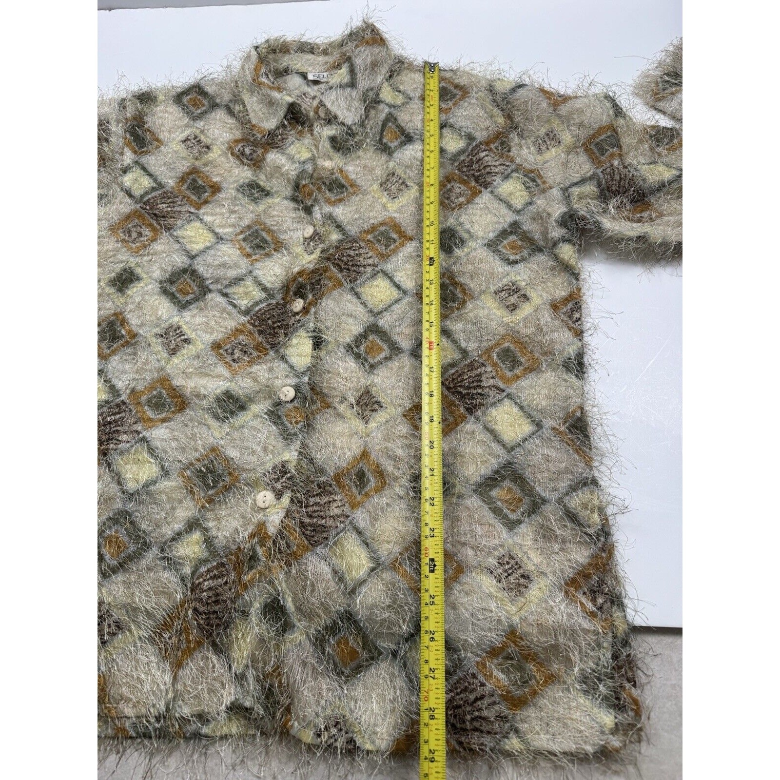 Vintage Art Deco Top Women&rsquo;s XL Retro Fuzzy Eyelash Detail Shirt Geometric