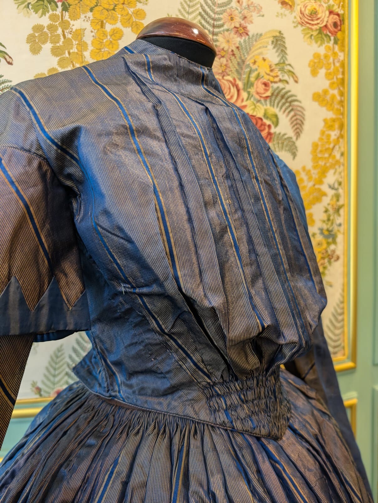 HAND SEWN 1840’S PINSTRIPED SILK TAFFETA TWO PIECE DRESS FROM OHIO ESTATE