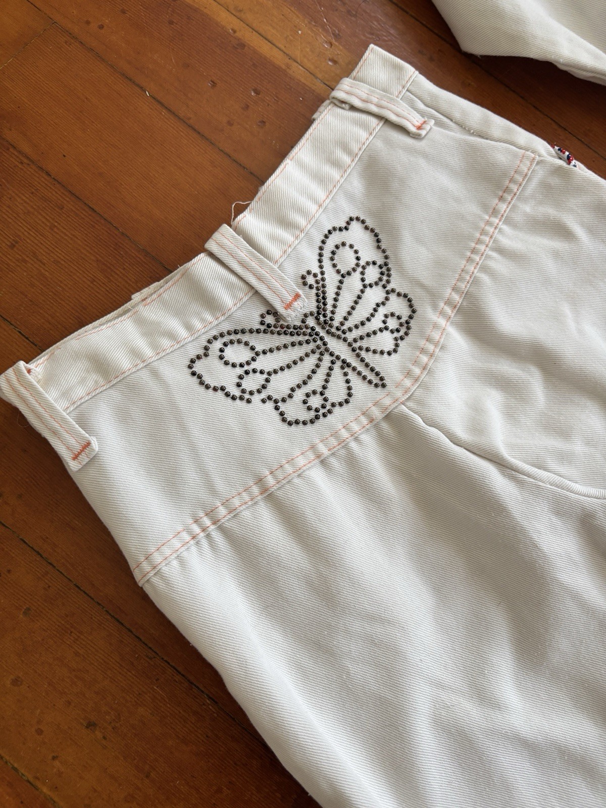 Womens 70s Denim Jacket Bell Bottom Pant Set Embroidered Vintage