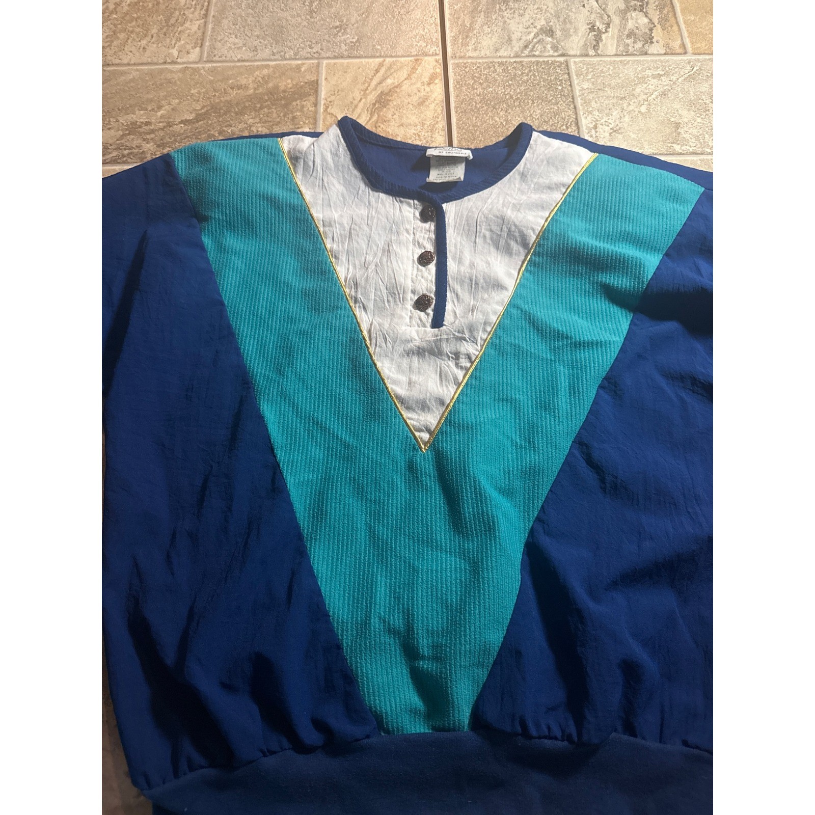 Remo of California Vintage 80s Colorblock Henley Top Blue Teal White Gold Med