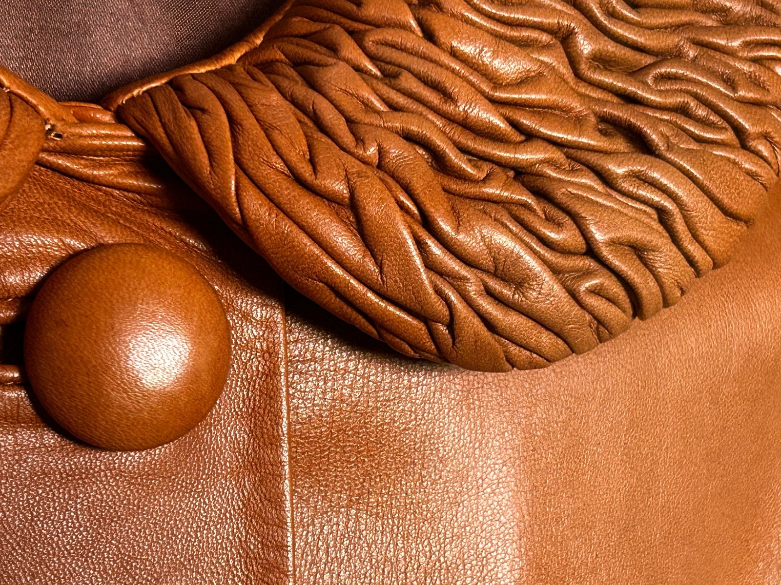 VTG Camel Brown 3/4 Length Sleeve Leather Coat Women&rsquo;s Handcrafted in Spain