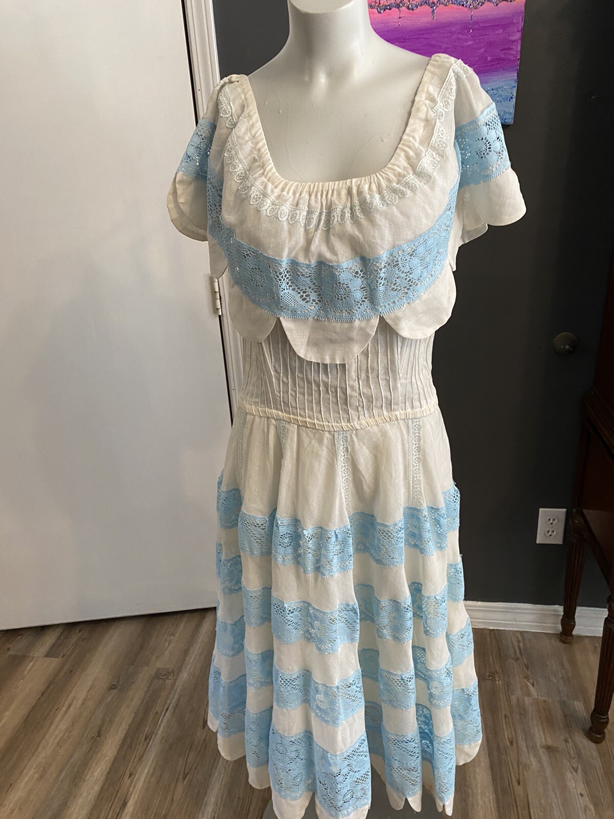 Vintage 60s / 70s Boho Hippy Mexican Wedding Dress White & Blue Lace Off Shoulde