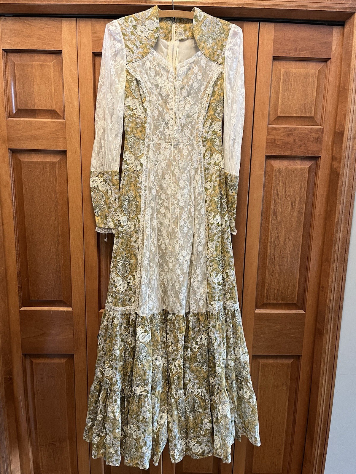 Vintage Floral Green Tan Floral Lace No Tags Prairie Maxi Dress