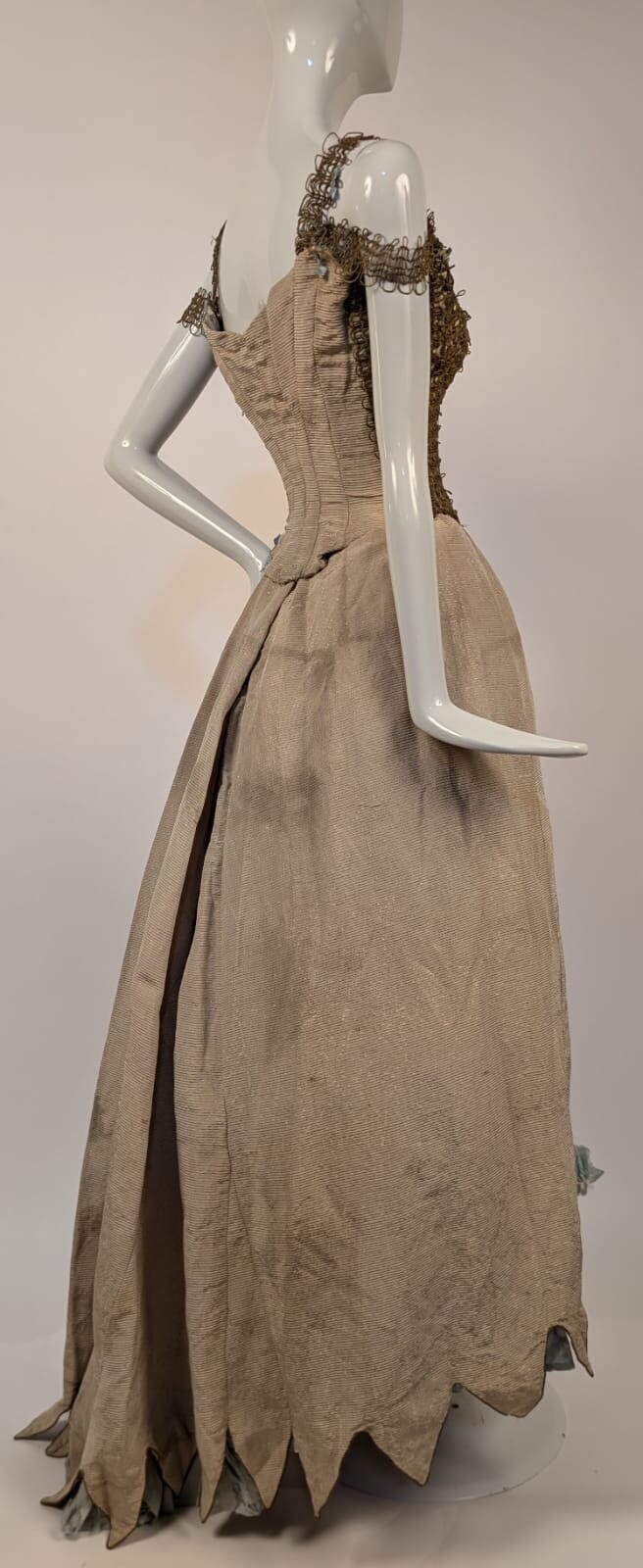 UNUSUAL VICTORIAN 1880’S SILK FAILLE + METALLIC GOLD BRAID BUSTLE DRESS