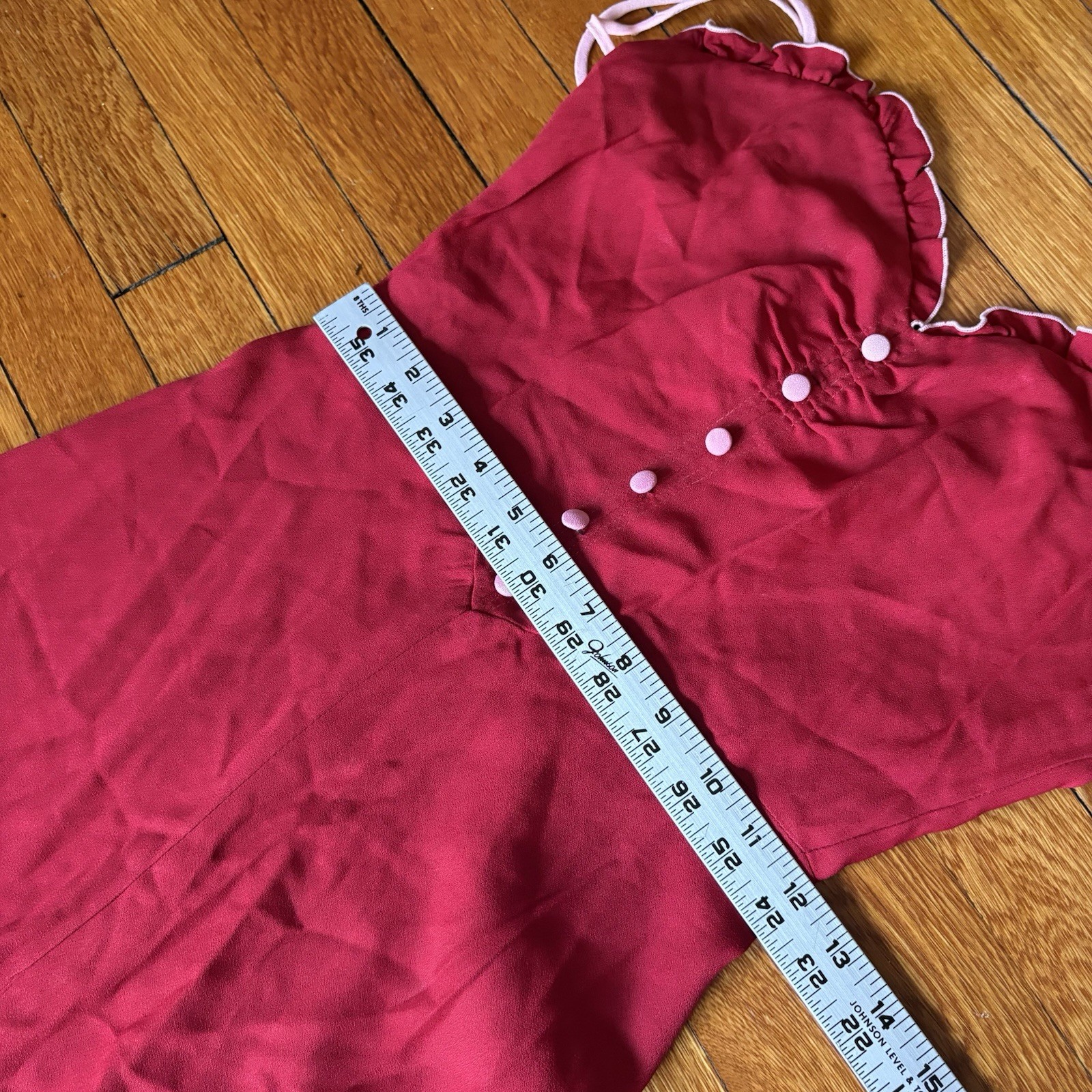 Vintage 1970s Foxy Lady Red Maxi Dress Women’s Ruffled Gown Acetate Nylon Blend