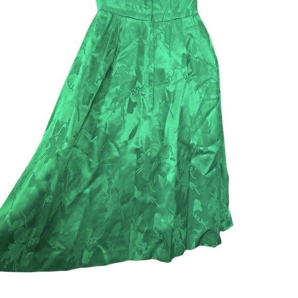 Vtg 50’sUnion Made Mardi Gras emerald green brocade cocktail dress bow detail XS