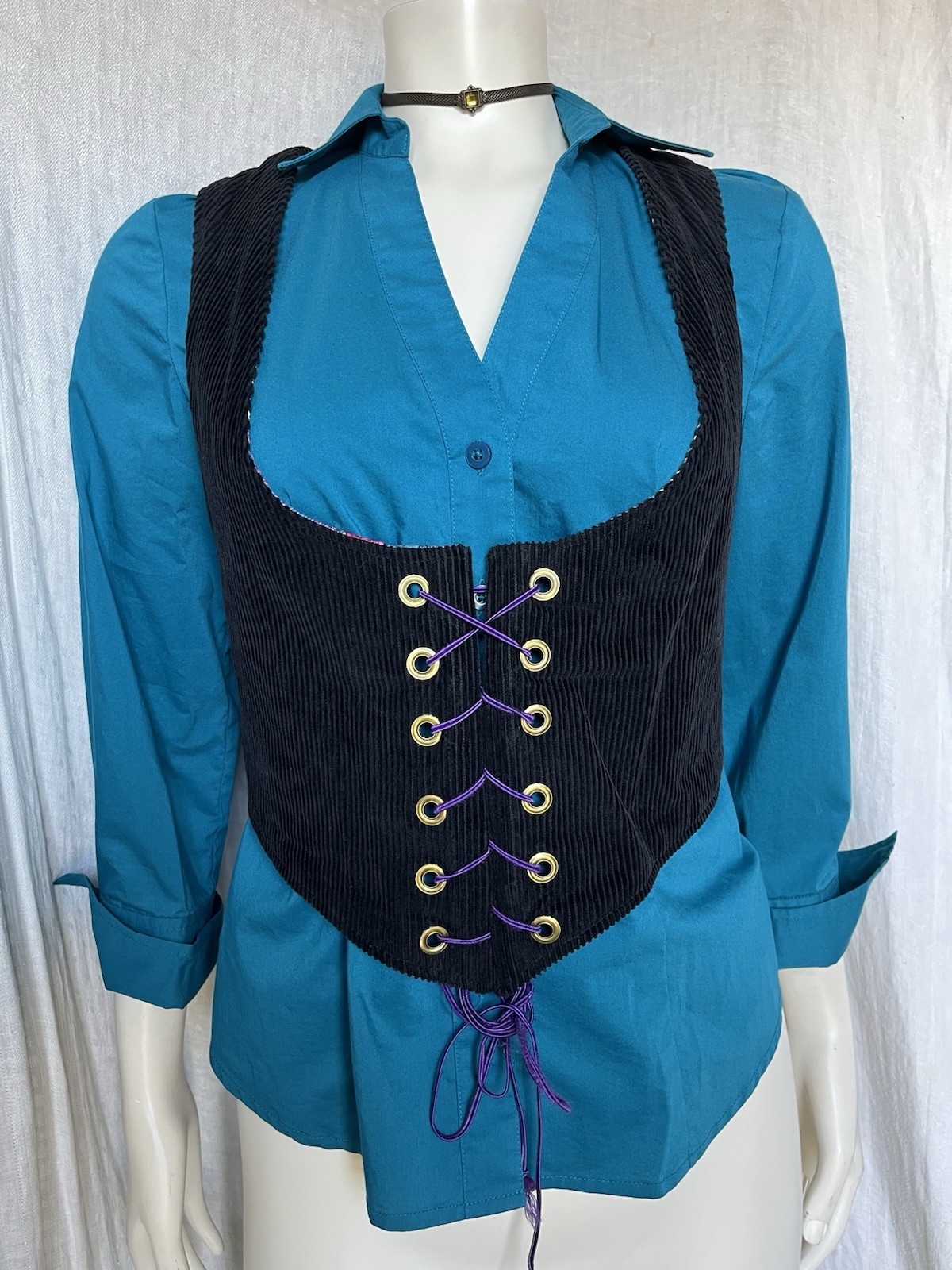 Vintage 70s Corset Vest Underbust Waistcoat Handmade Reversible Goth Festival S