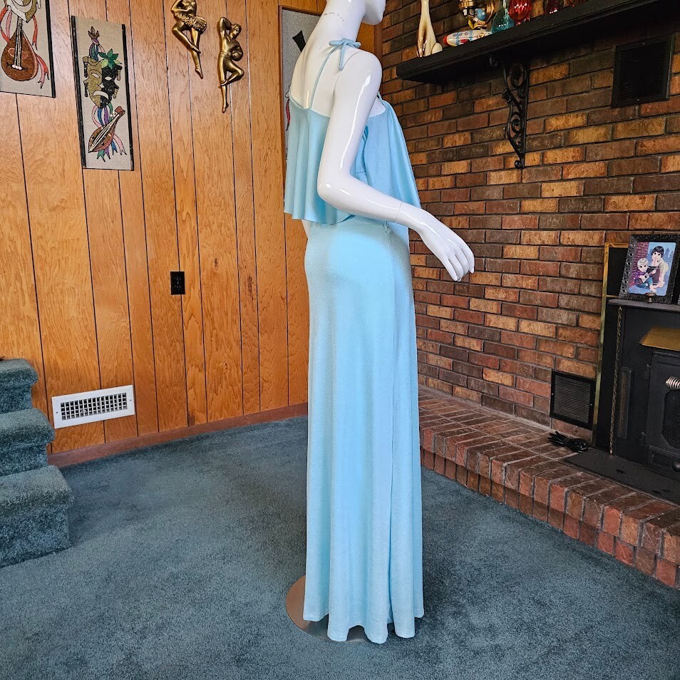 Vtg 70s Disco Cold Shoulder Soul Train Liquid Jersey Maxi Evening Dress Gown S/M