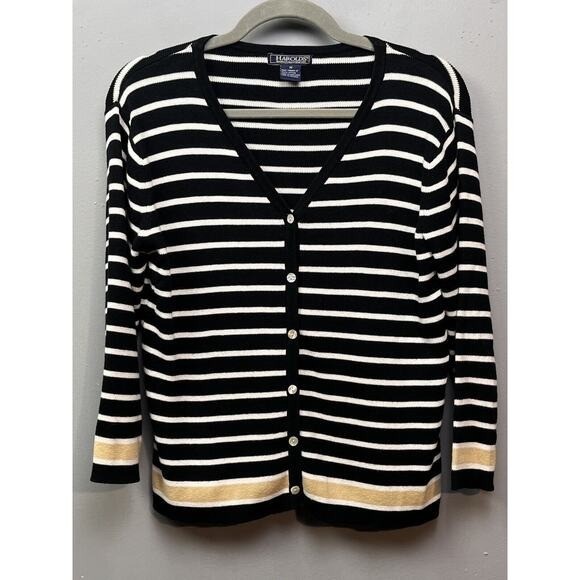 Vintage Harold&rsquo;s Cardigan Sweater Womens Medium Black Tan 3/4 Sleeve Button Up