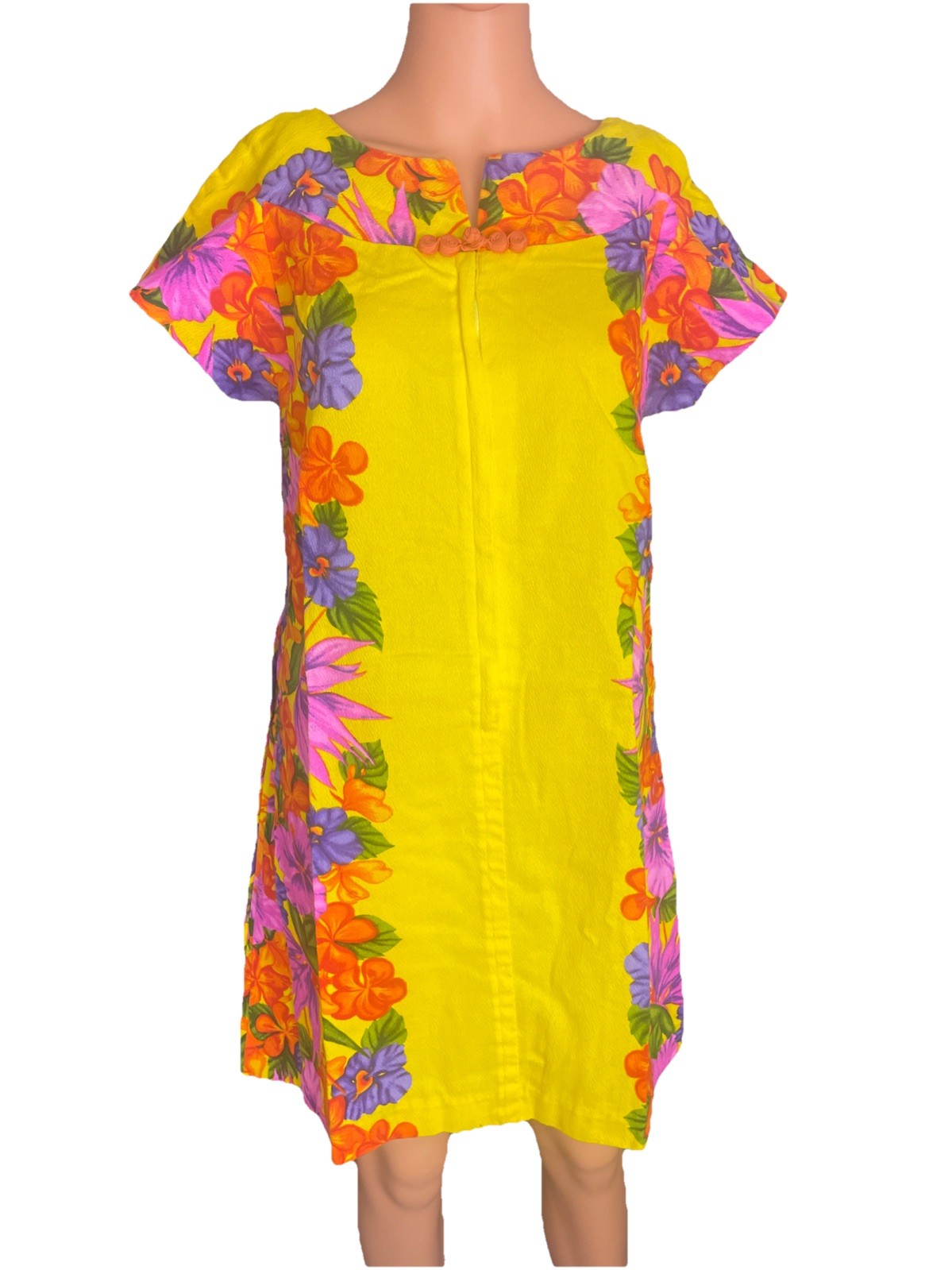 Vintage 1960’s Hawaiian Togs Honeymoon Mini Dress Bright Yellow Floral Size XS