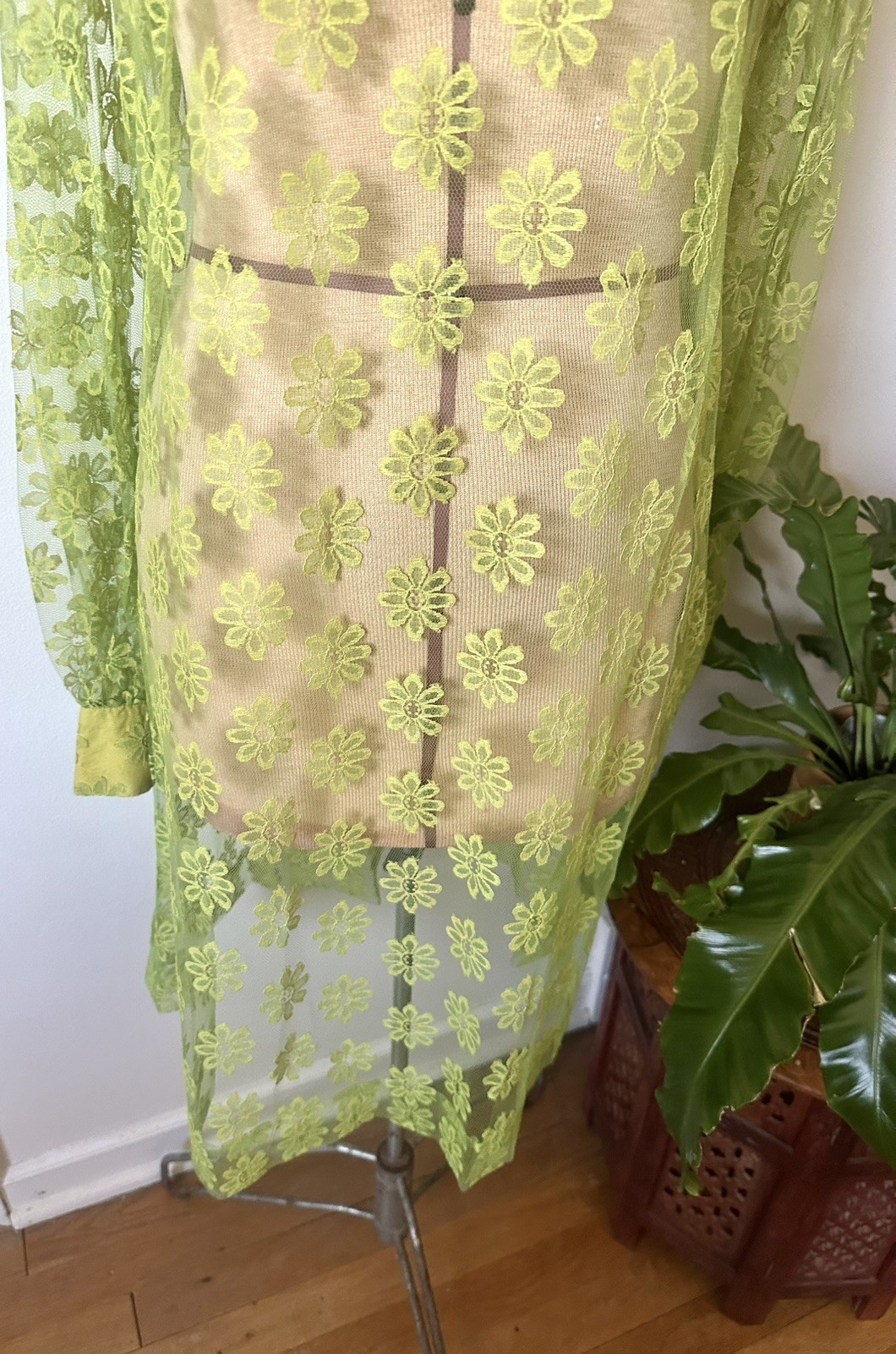 60’s MCM Avocado Green & Yellow Daisy Lace Dress
