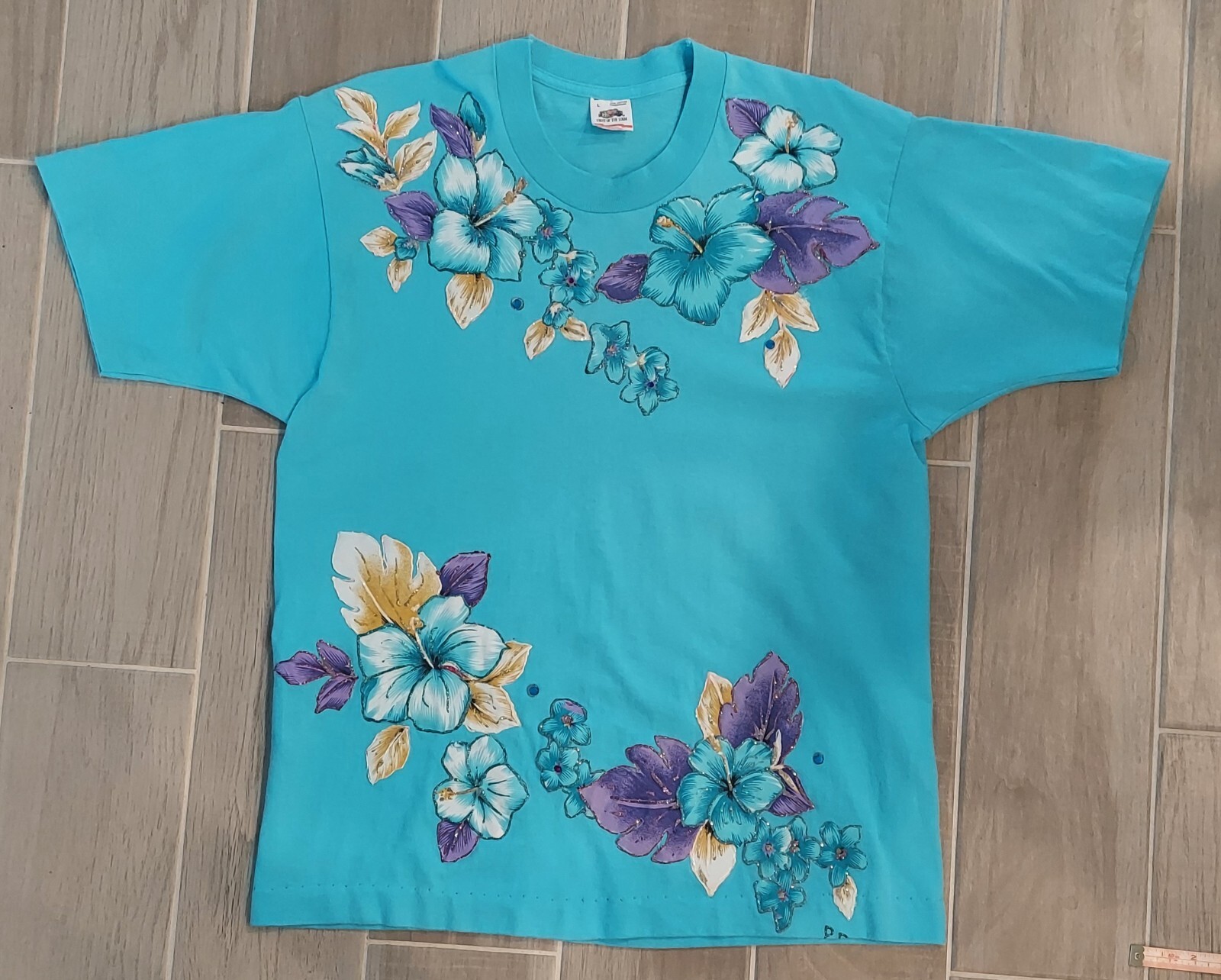 Fruit Of The Loom Single Stitch T-Shirt Women Large Bedazzled Flowers Made USA