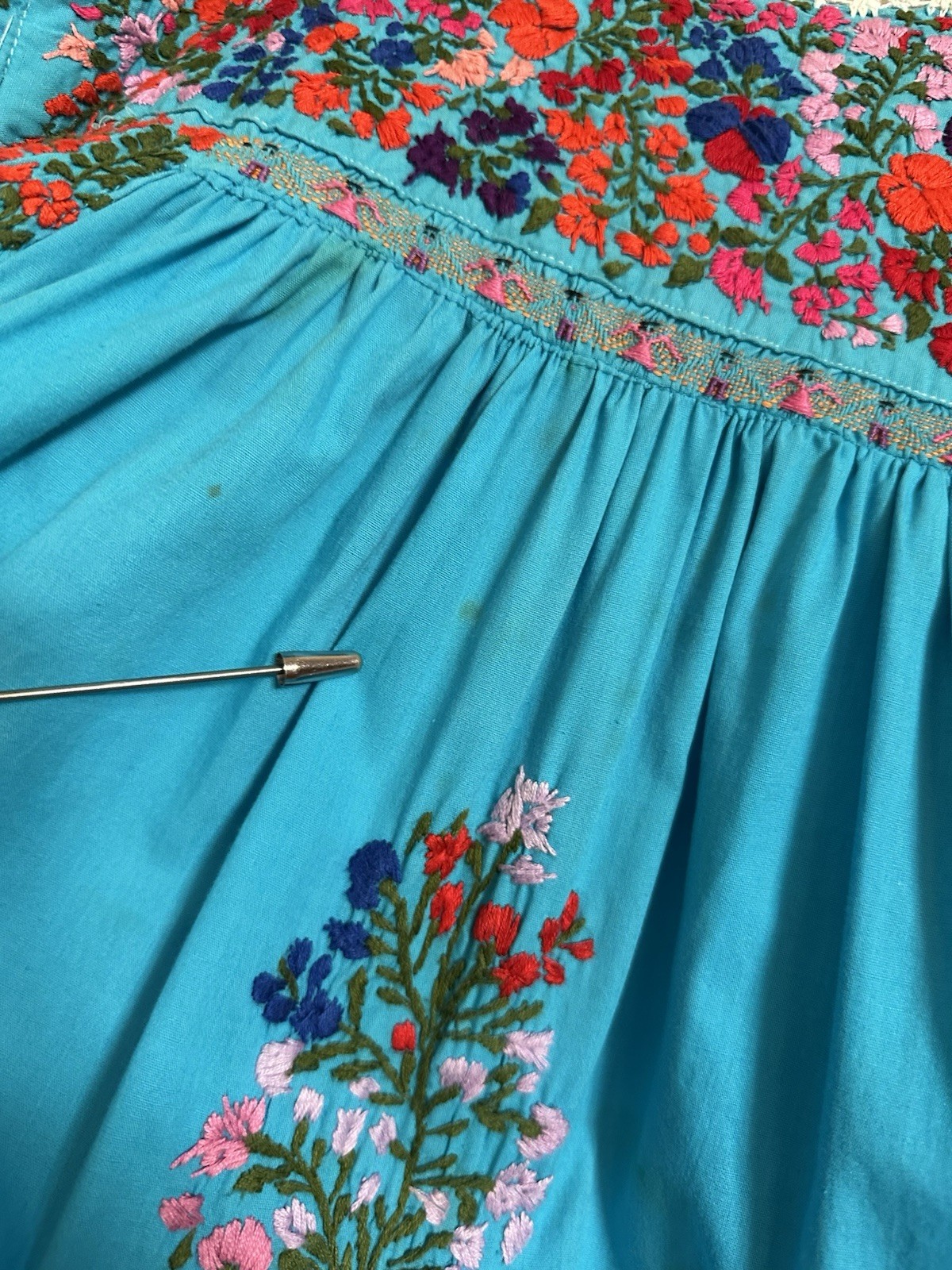 1970s Cotton Oaxacan Mexican Huipil Dress Embroidered Maxi STAINED AS IS Vintage