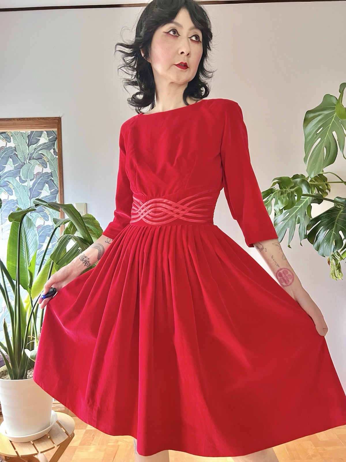 VTG 50s Carol Brent Red Velveteen Cocktail Dress XS/S Rockabilly