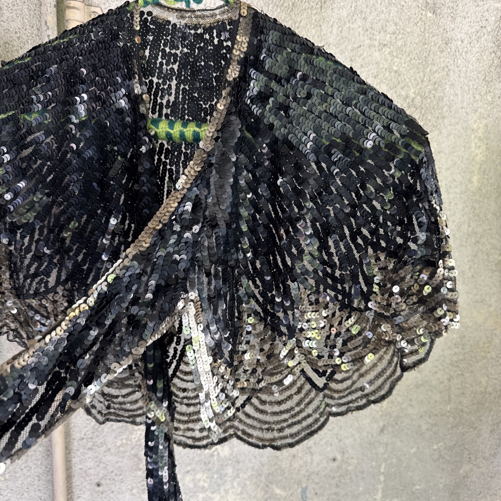 Vintage 1930s Black & Silver Sequin On Net Scalloped Cape Art Deco Dress Top