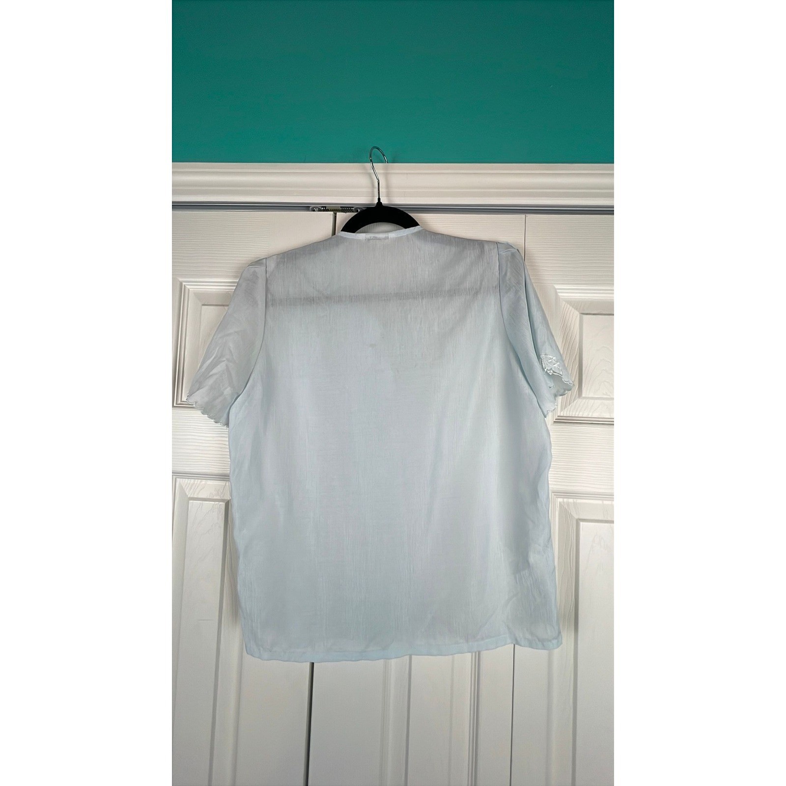 Vintage Sheer Lace Collar Blouse Cottagecore Coquette Boho Light Blue Nylon Med