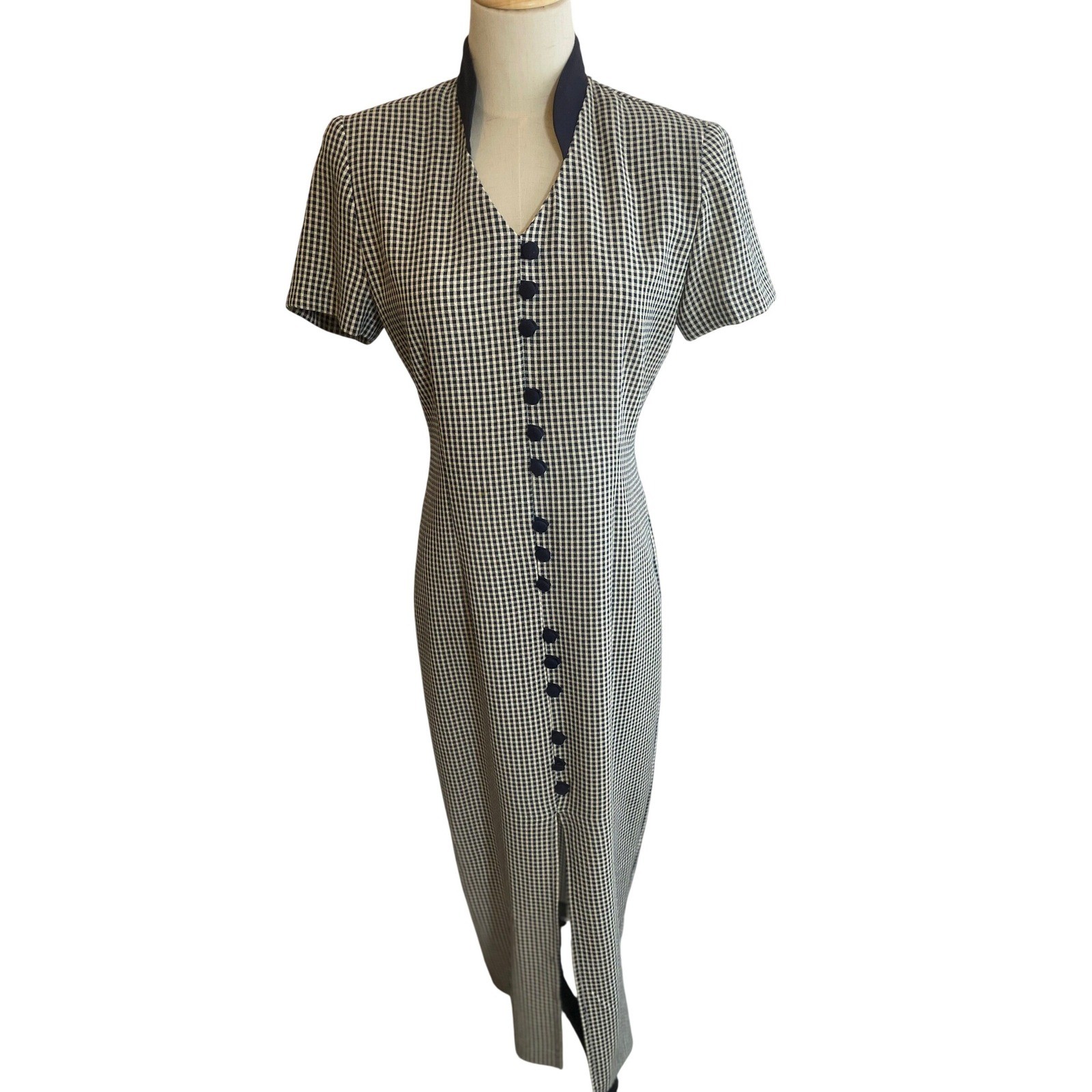 Scarlett Vintage Gingham Check Maxi Dress Navy Blue White Mandarin Collar 3/4