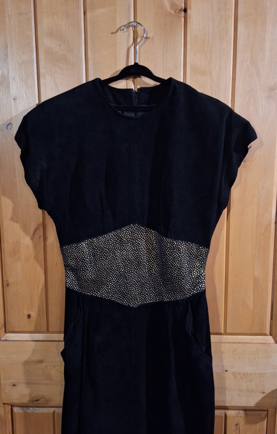 80s does 50s Black and Gold Leather Suede Wiggle Dress Pin Up Bad Girl Viva