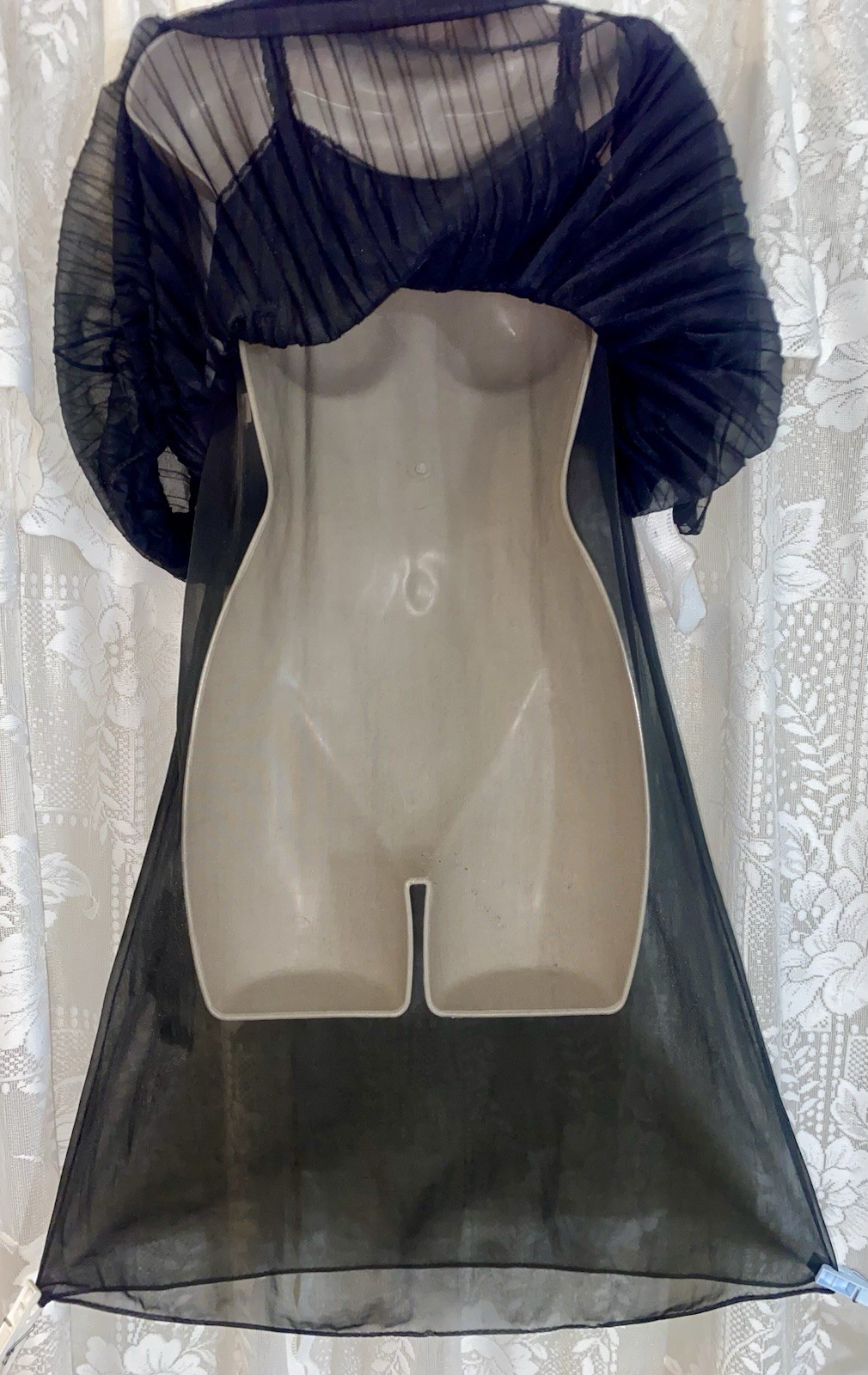 Vtg S Black Charmode Db Pleated Sheer Chiffon Nightgown w Lace Overlay Bodice