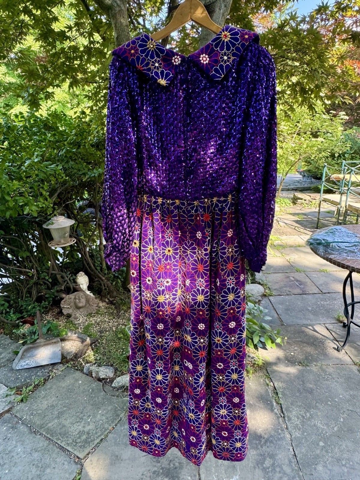 Oscar de la Renta Boutique 1960s Purple Sequin Maxi Dress Bohemian Size 10
