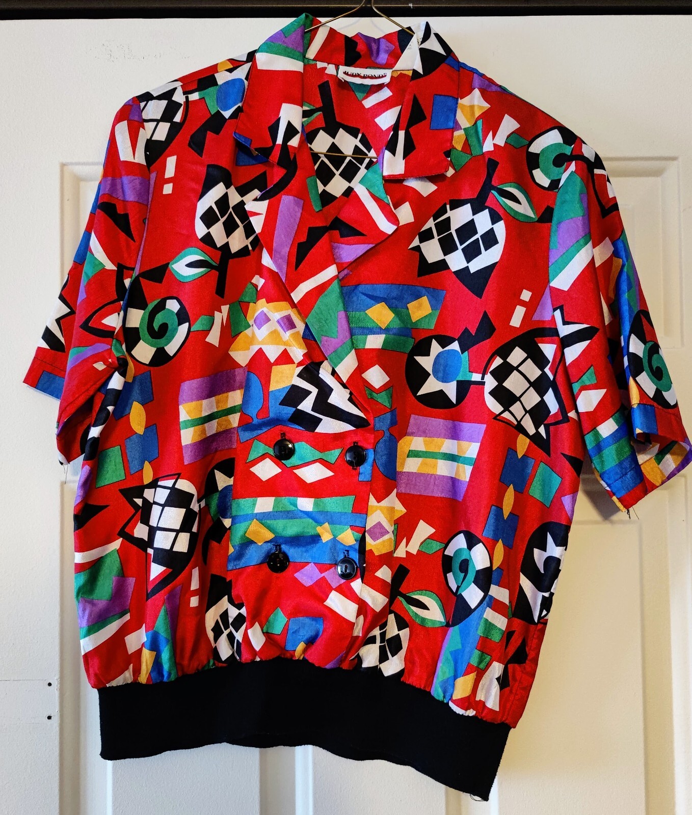 VTG Judy Bond Button Up Blouse Women&rsquo;s 14 Red Floral Elastic Hem Short Sleeve