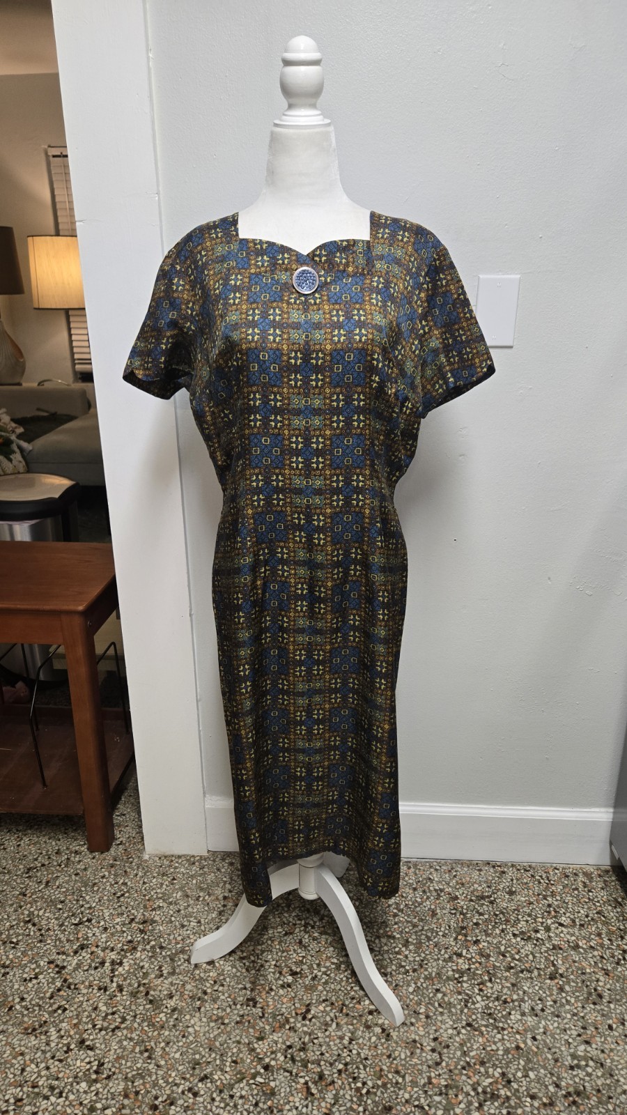 Vintage 1960s Cocktail Dress, Blue Yellow Brown Size Large