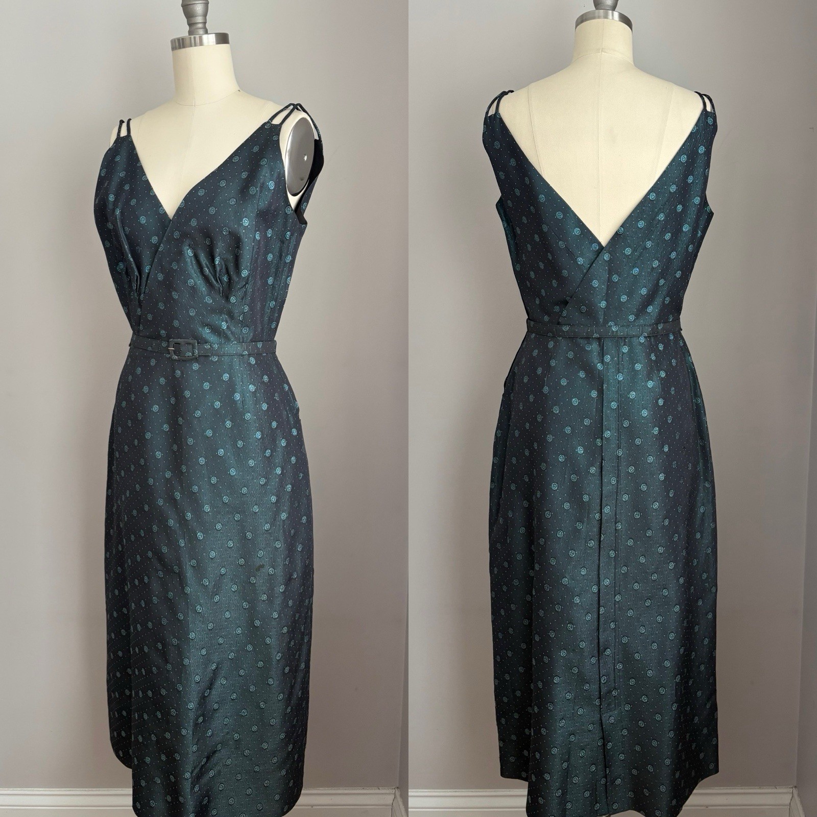 Vintage 1940’s Blue Taffeta Cherries Cherry Print Dress & Jacket Set Size XS/S