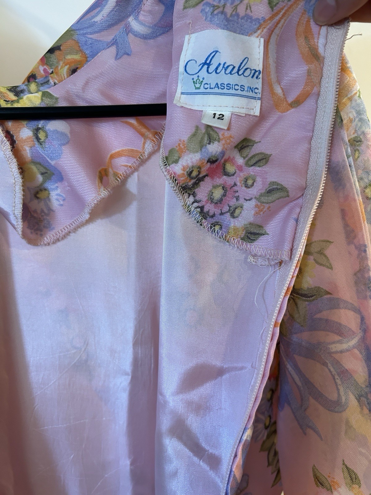 Avalon Classics Pink Floral Chiffon Maxi Dress Gown Sz 12 Cottage ILGWU Label